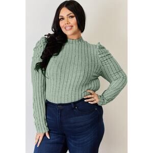 BASIC BAE Plus Light Green Ribbed Mock Turtleneck Puff Sleeve Top NEW 2X 3X